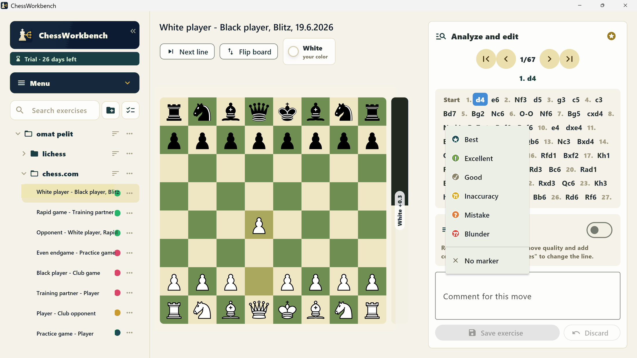 ChessWorkbench desktop app showing an anonymized game review and analysis workspace